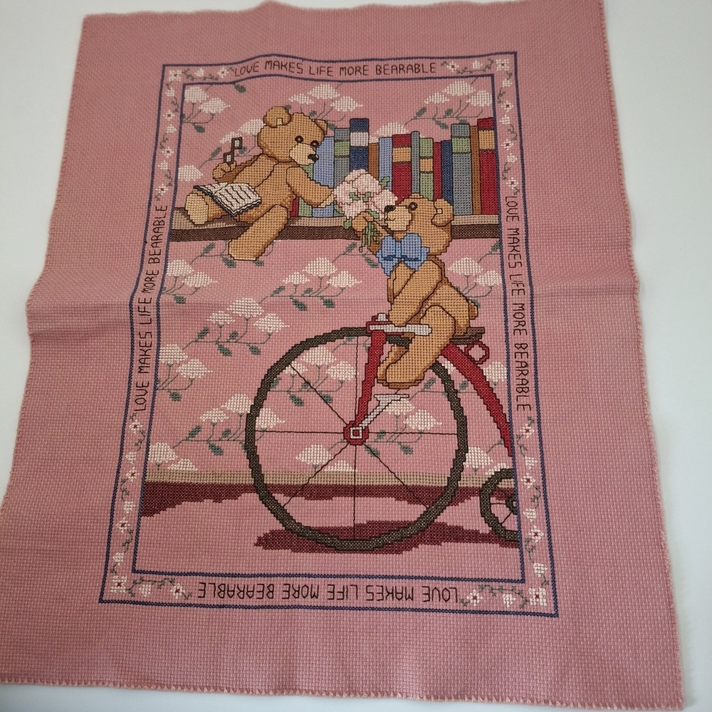 Vintage Hand Stitched Cross Stitch Finished - Teddy Bears Bicycle Books - 1980s